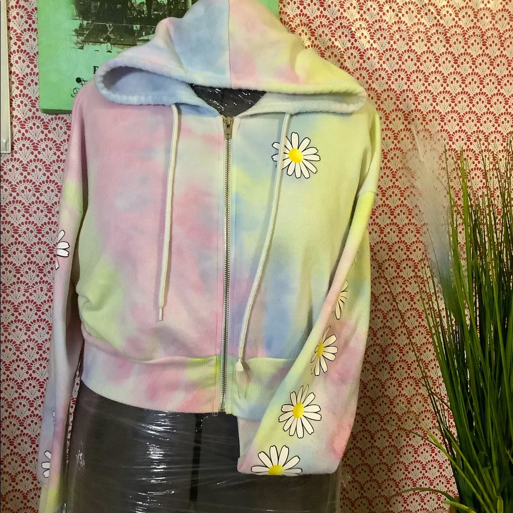 Faded Rose crop tie dye Daisy Zipper Hoodie
